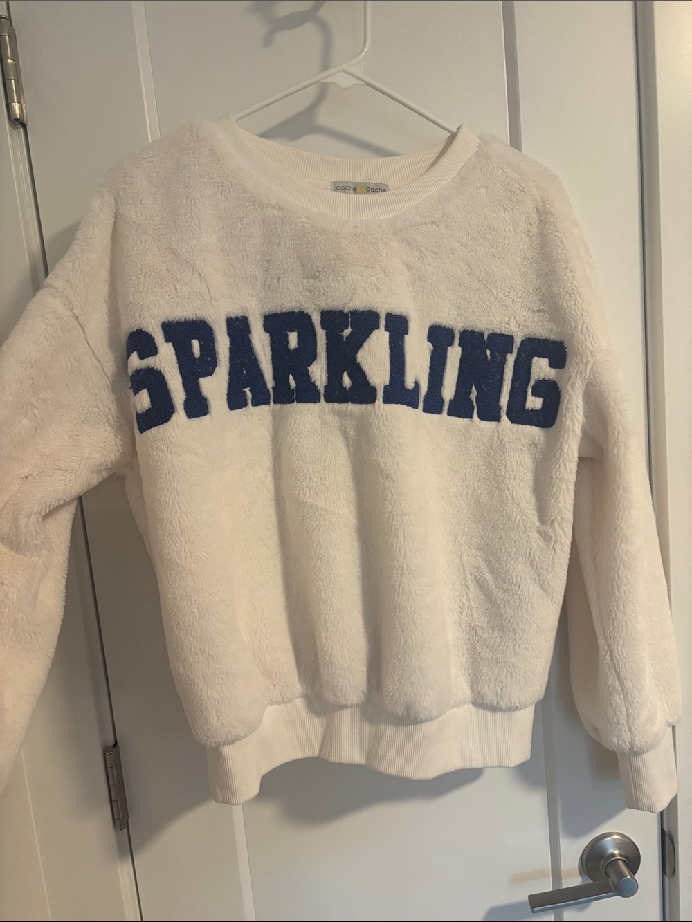 Cache Cream Fuzzy Sweatshirt with Navy "SPARKLING" Applique